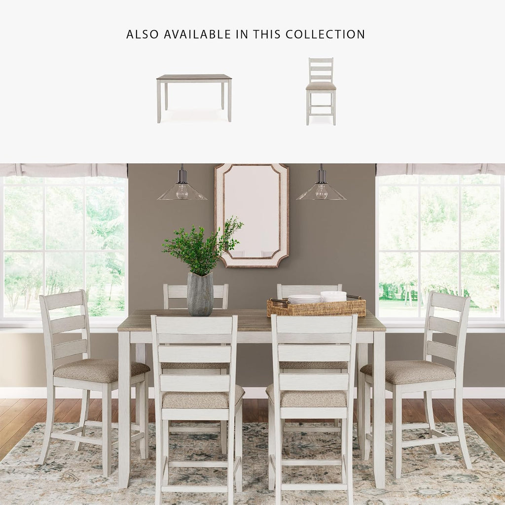 Signature Design by Ashley Skempton Modern Farmhouse Counter Height Dining Table and Upholstered Bar Stools, Set of 7, White & Light Brown