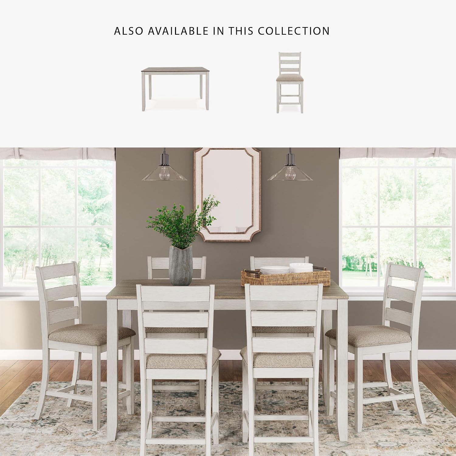 Signature Design by Ashley Skempton Modern Farmhouse Counter Height Dining Table and Upholstered Bar Stools, Set of 7, White & Light Brown