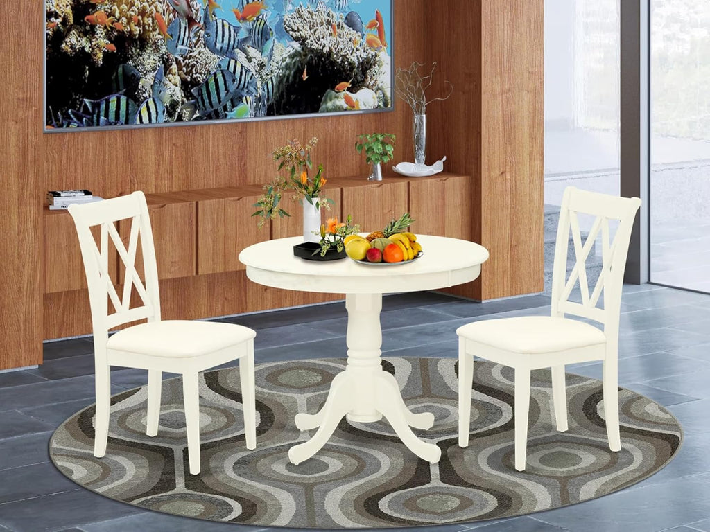 East West Furniture Antique 3-Piece Dining Set with Round Table in Linen White