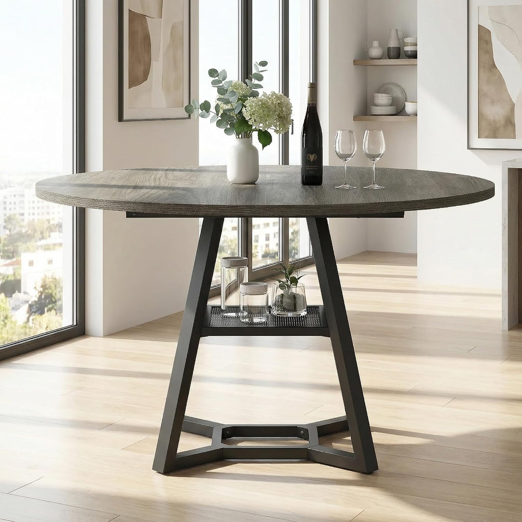 knoworld Round Dining Table for 4-6 with Storage Shelf, Kitchen & Dining Room Circle Pedestal Table,Heavy Duty Metal Frame & Wood Top