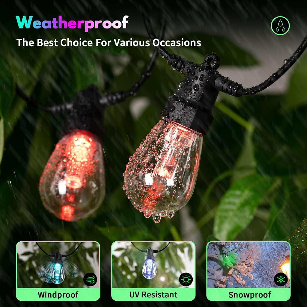 Outdoor String Lights 100FT - (2 pack 50FT) RGBW Color Changing String Lights for Outside with APP & Remote Control, Dimmable Patio Lights Outdoor Waterproof, Music Sync, Shatterproof, Linkable, Timer