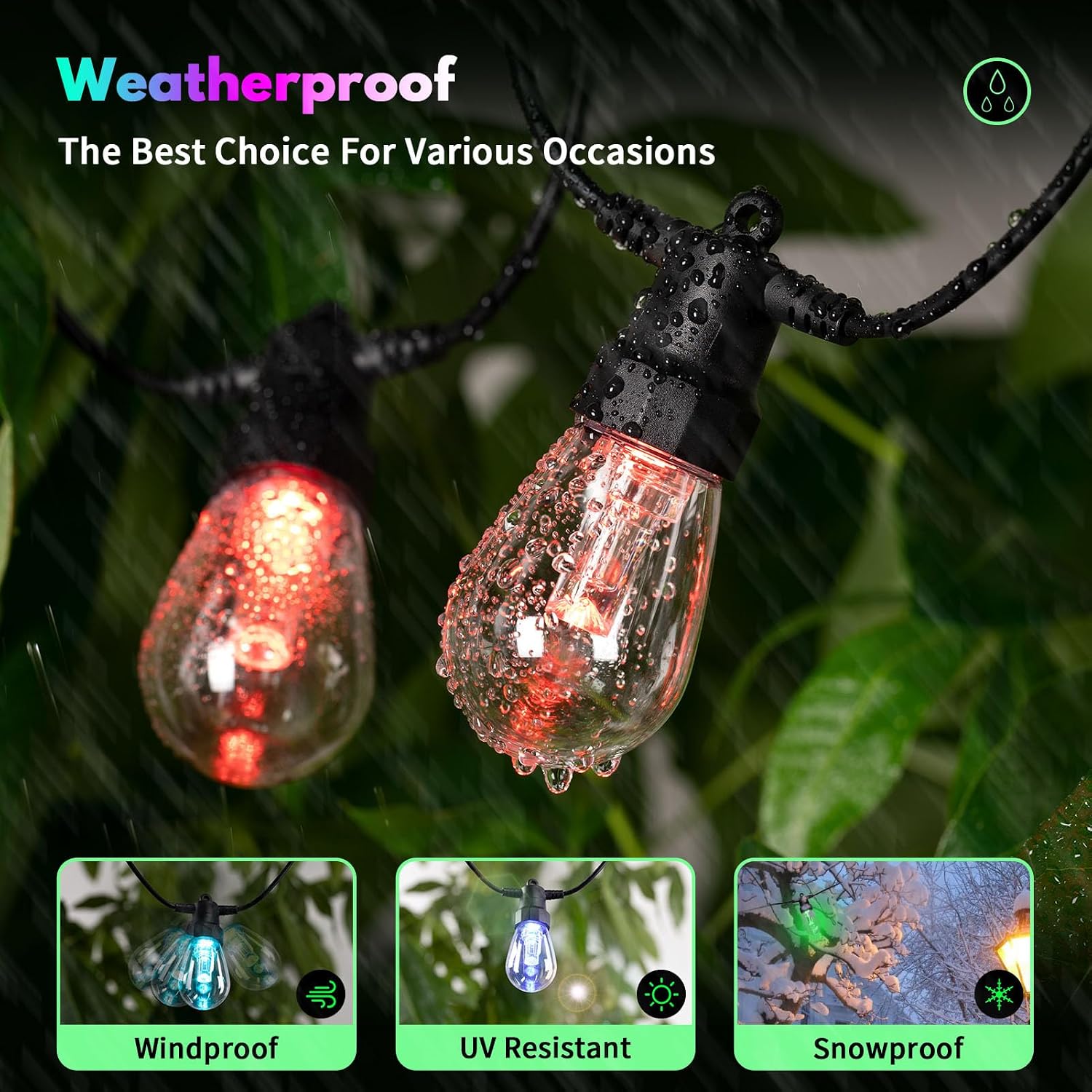 Outdoor String Lights 100FT - (2 pack 50FT) RGBW Color Changing String Lights for Outside with APP & Remote Control, Dimmable Patio Lights Outdoor Waterproof, Music Sync, Shatterproof, Linkable, Timer