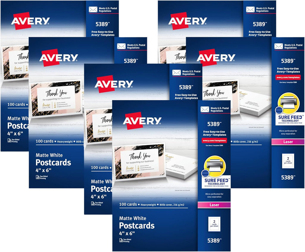 Avery Printable Postcards with Sure Feed Technology, 4' x 6', White, 6 Packs, 100 Cards per Pack, 200 Blank Postcards for Laser Printers Total (15389)