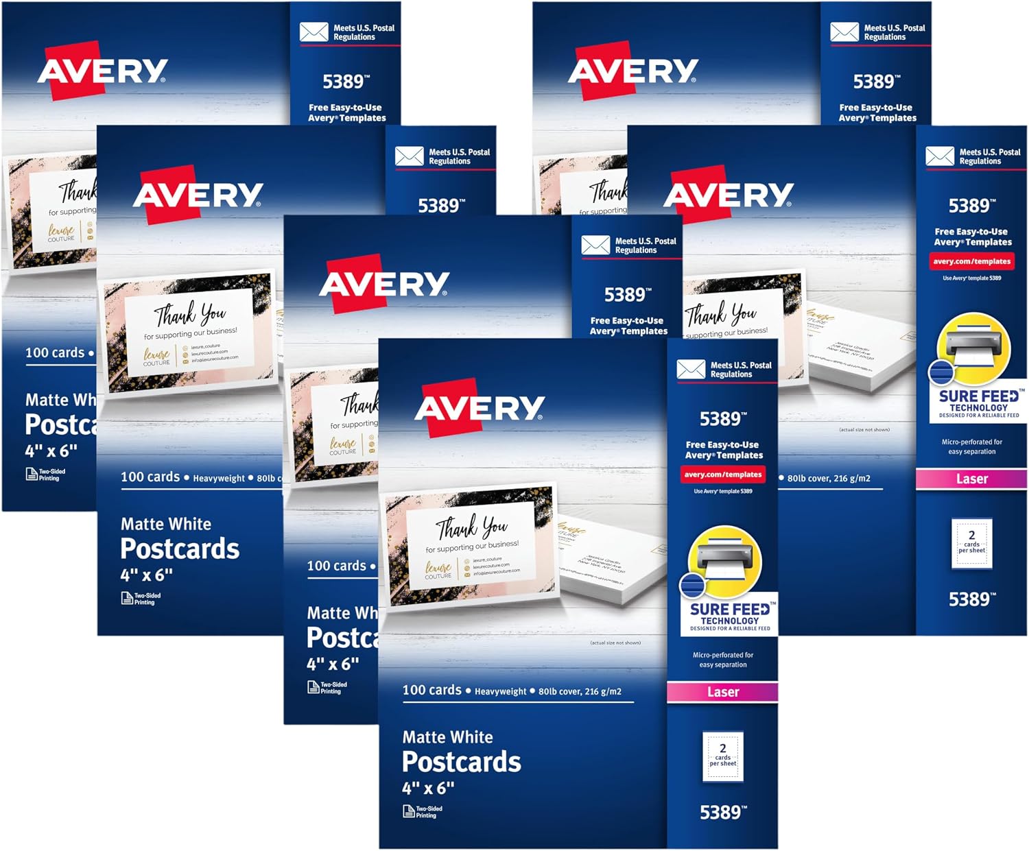 Avery Printable Postcards with Sure Feed Technology, 4' x 6', White, 6 Packs, 100 Cards per Pack, 200 Blank Postcards for Laser Printers Total (15389)