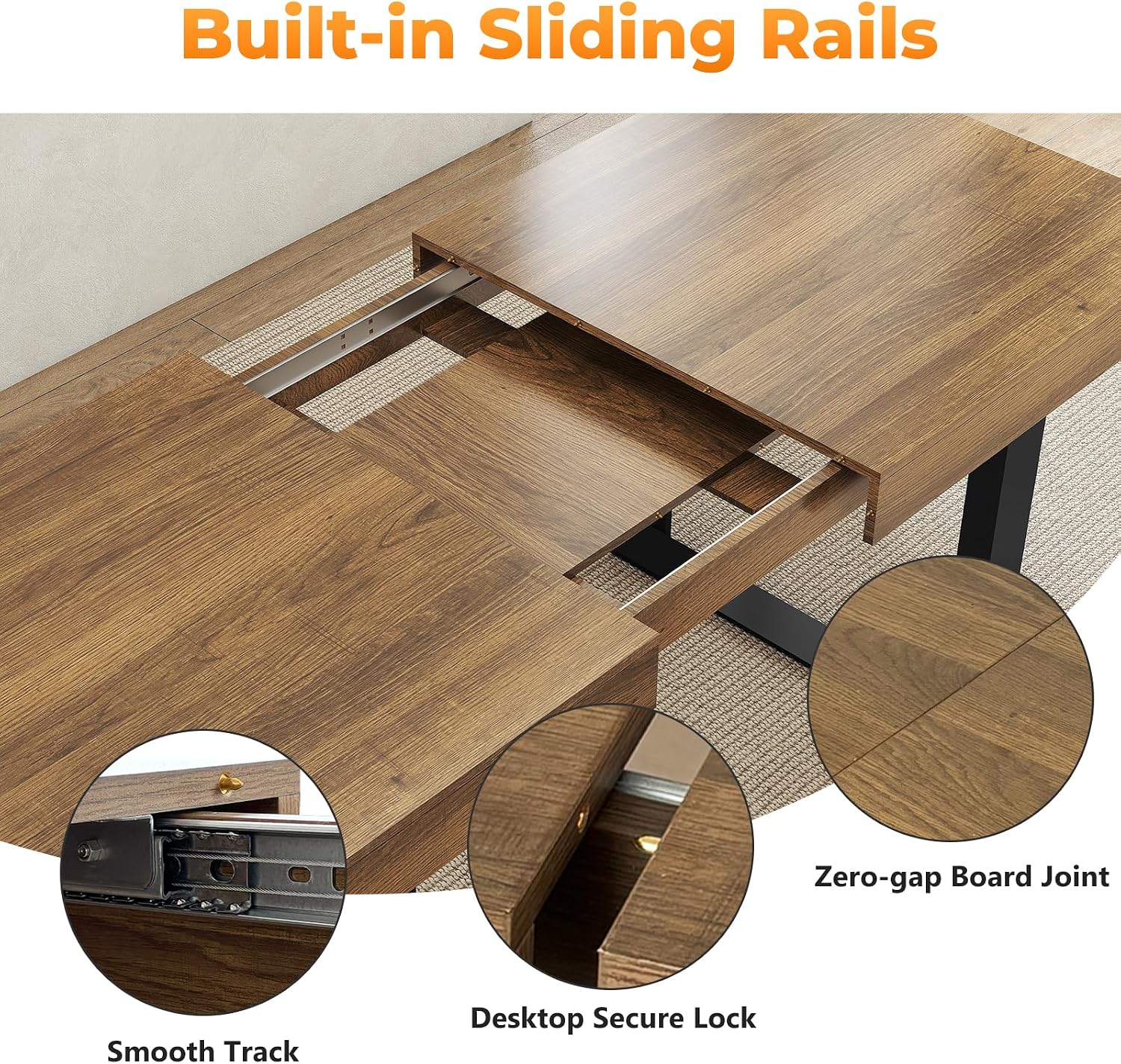Zevemomo 63'-78.7' Expandable Dining Table, 6-8 Extendable Dining Table, Rectangle Conference Table, Farmhouse Kitchen Table with Slide Track, Tapered U-Shaped Wood Legs for Office, Living Room-Brown