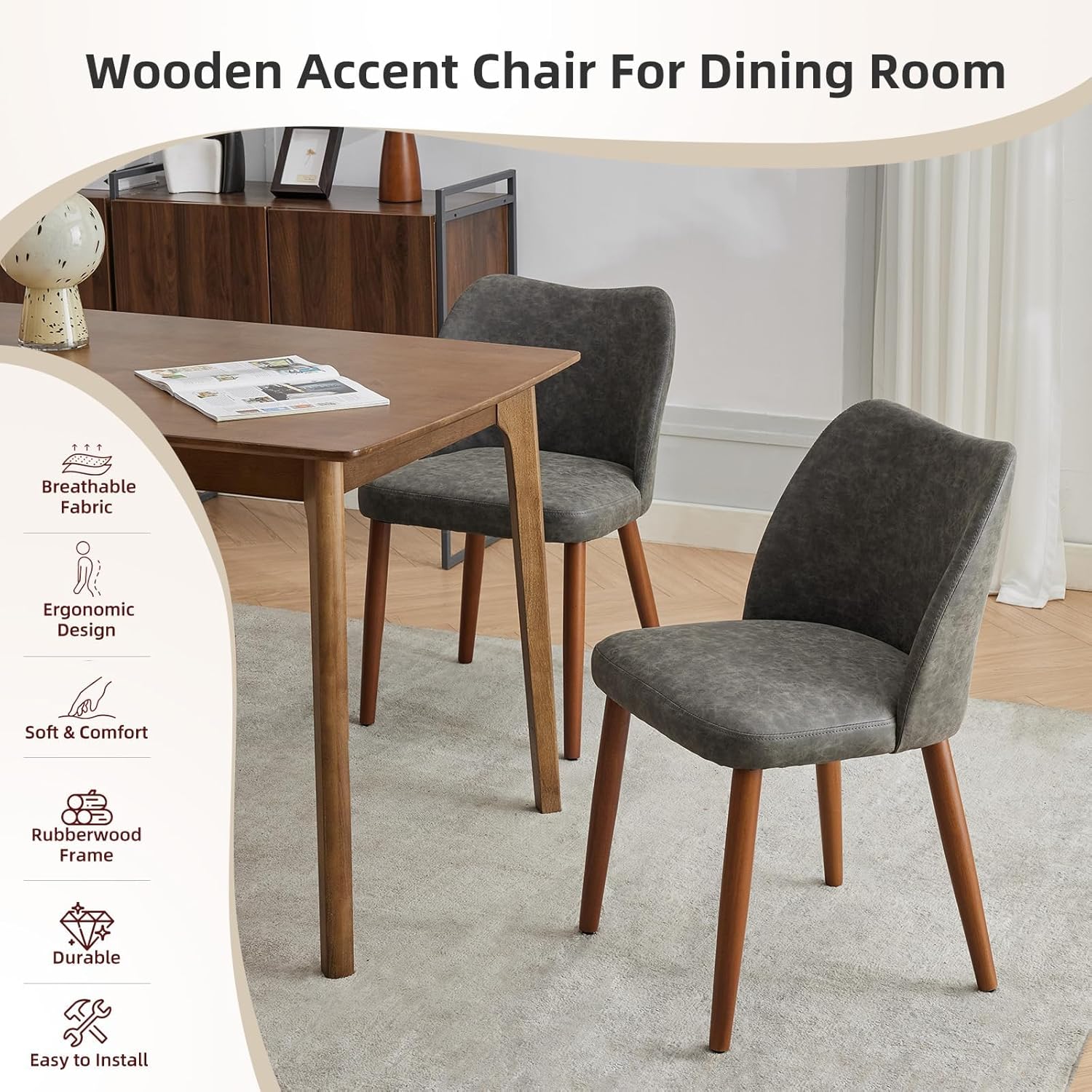 GarveeHome Wooden Dining Chair Set of 4 Upholstered Leather Dining Chair with Wood Legs, Wing Backrest, Wooden Kitchen Chairs with Thick Cushions, Leveling Feet for Dining Room, Living Room, Dark Grey