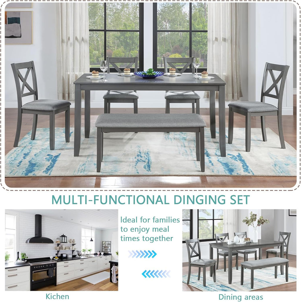 Harper & Bright Designs 6-Piece Dining Table Set with 4 Upholstered Chairs & Bench, 58.5' Rectangular Solid Wood Frame Table, Dining Table Set for 6 People, Living Room, Home Bar and Kitchen,Grey