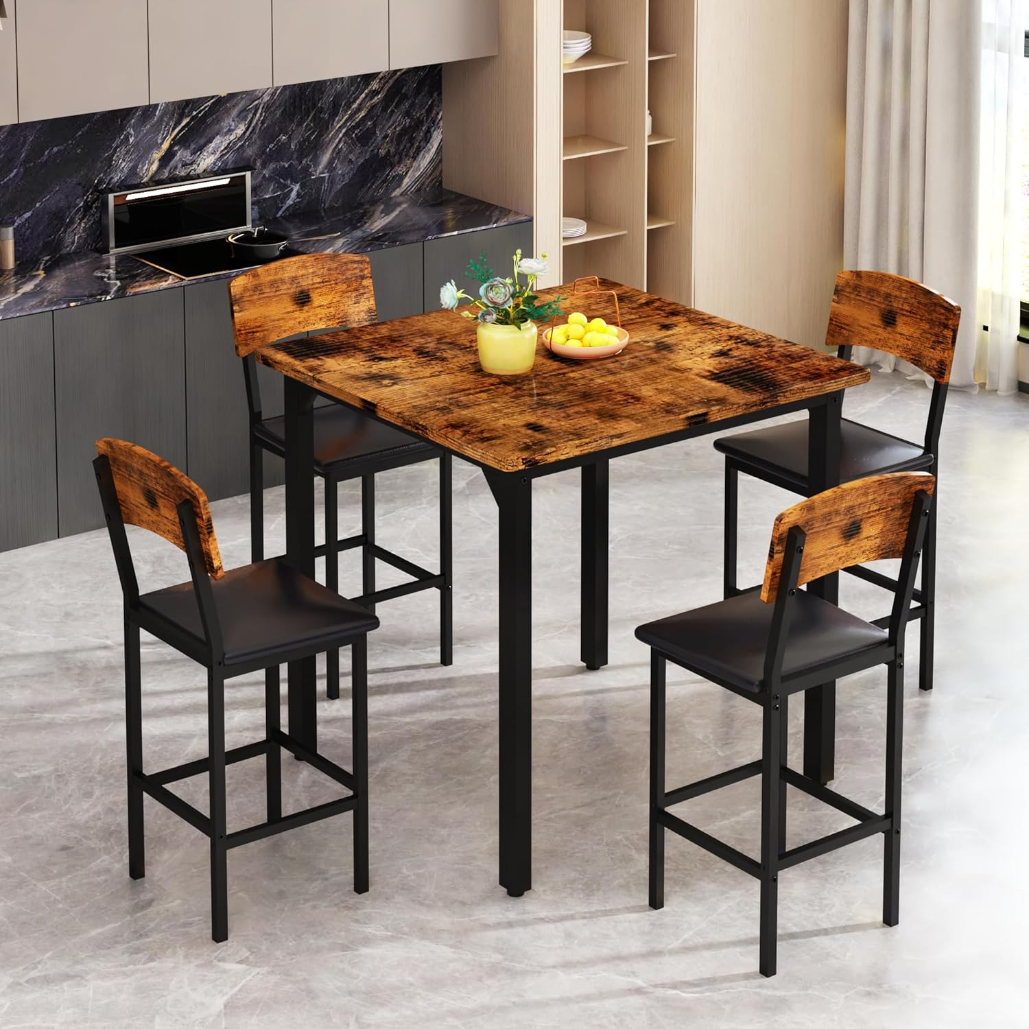 AWQM 5-Piece Dining Table Set, Dining Table Set for 4, Counter Height Table & 4 Bar Stools, Modern Kitchen Dining Set, with Upholstered Chairs, Compact Dining Set for Small Spaces (Walnut Color)