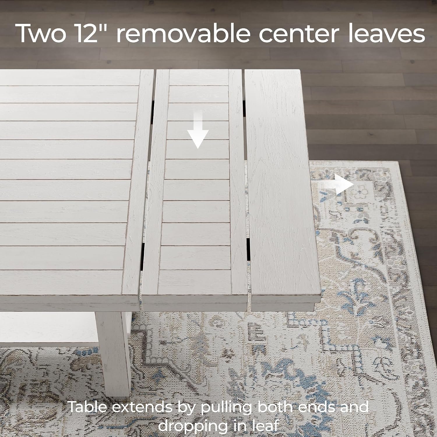 Signature Design by Ashley Robbinsdale Farmhouse Distressed Counter Height Dining Extension Table with Trestle Base, Planked Effect and 2 Removable End Leaves, White
