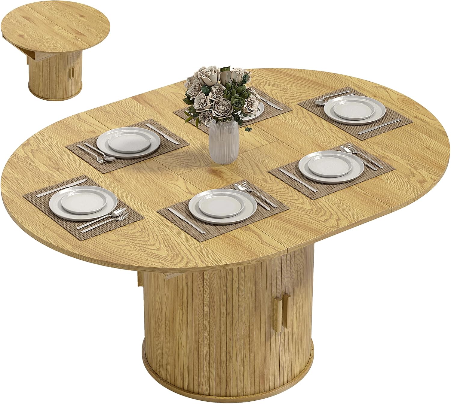 HOMCOM 43.3' to 59' Extendable Round Dining Table for 4-6, Farmhouse Transformer Dining Room Table with Removable Leaves, Circle Kitchen Table with Sliding Doors, Kitchen, Living Room, Natural Wood
