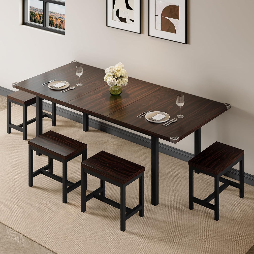 Einhomn 7-Piece Dining Table Set, 63' Extendable Kitchen Room Table with 6 Stools, Mid Century Modern Dinner Table with Metal Frame & MDF Board, Space-Saving, Easy Assembly, Espresso