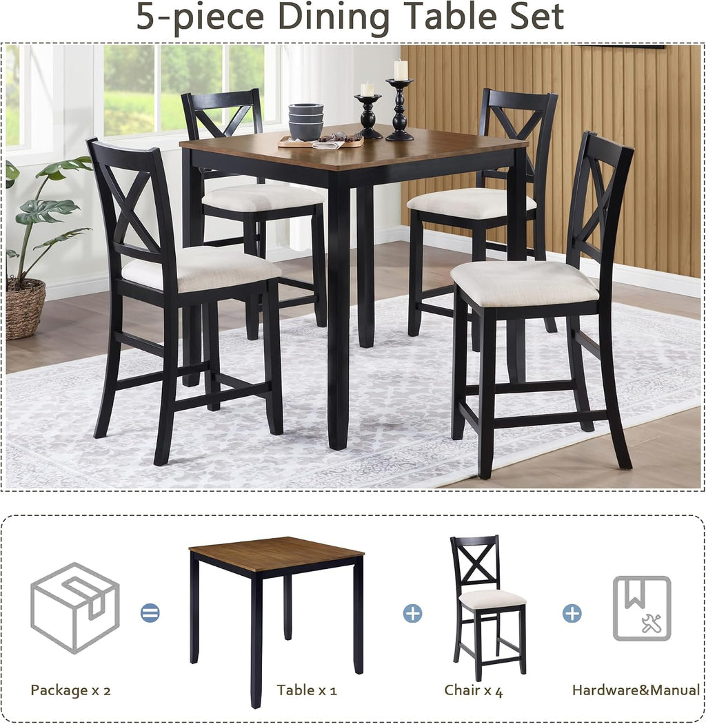 Harper & Bright Designs Counter Height Dining Table Set 5-Piece for 4, Farmhouse Kitchen Table 34.5' Square with 4 X-Back Chairs, Black & Oak for Small Space