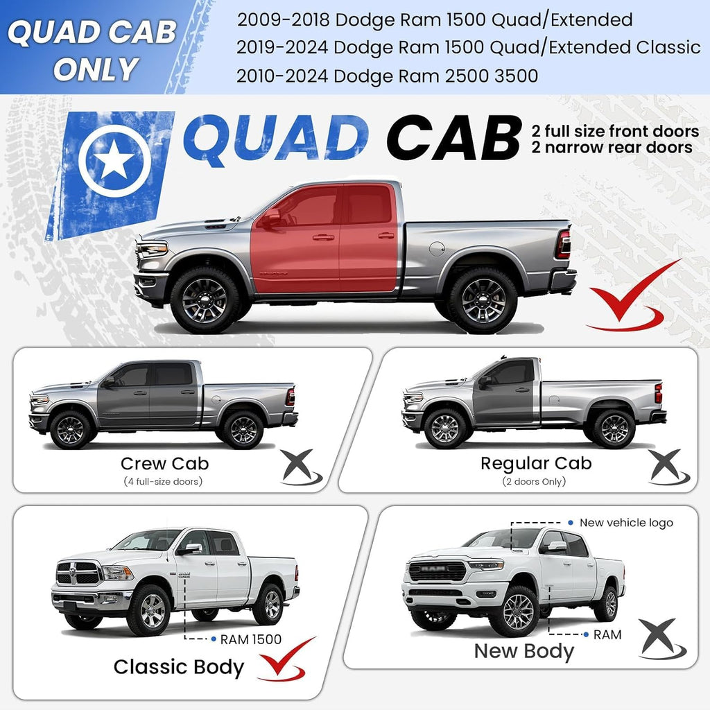 PZ 6' Rustproof Running Boards Side Steps Compatible with Dodge Ram 1500 Quad Cab/Extended Cab 2009-2018, 550 lbs Black Heavy Duty Carbon Steel Step Rails Nerf Bars