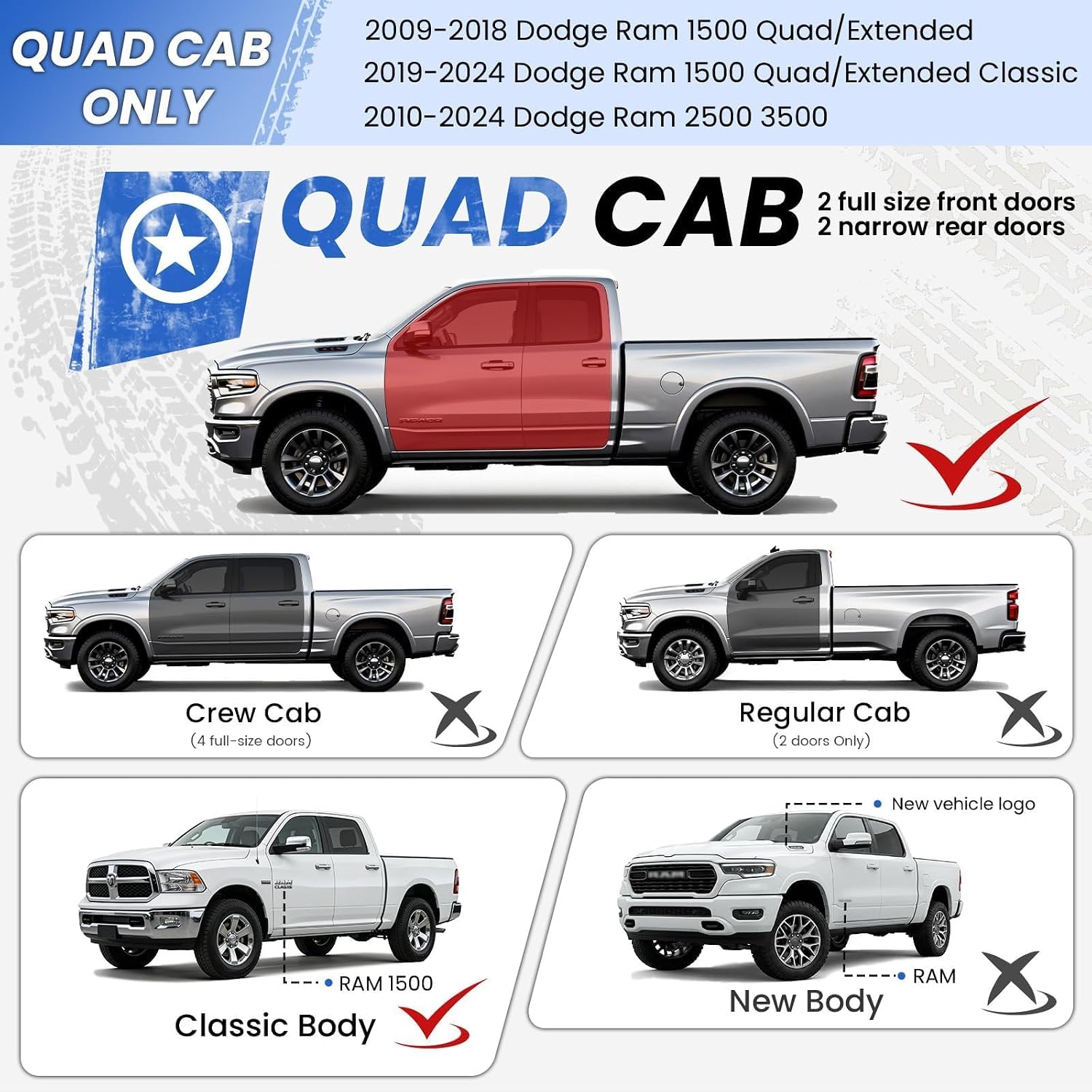PZ 6' Rustproof Running Boards Side Steps Compatible with Dodge Ram 1500 Quad Cab/Extended Cab 2009-2018, 550 lbs Black Heavy Duty Carbon Steel Step Rails Nerf Bars