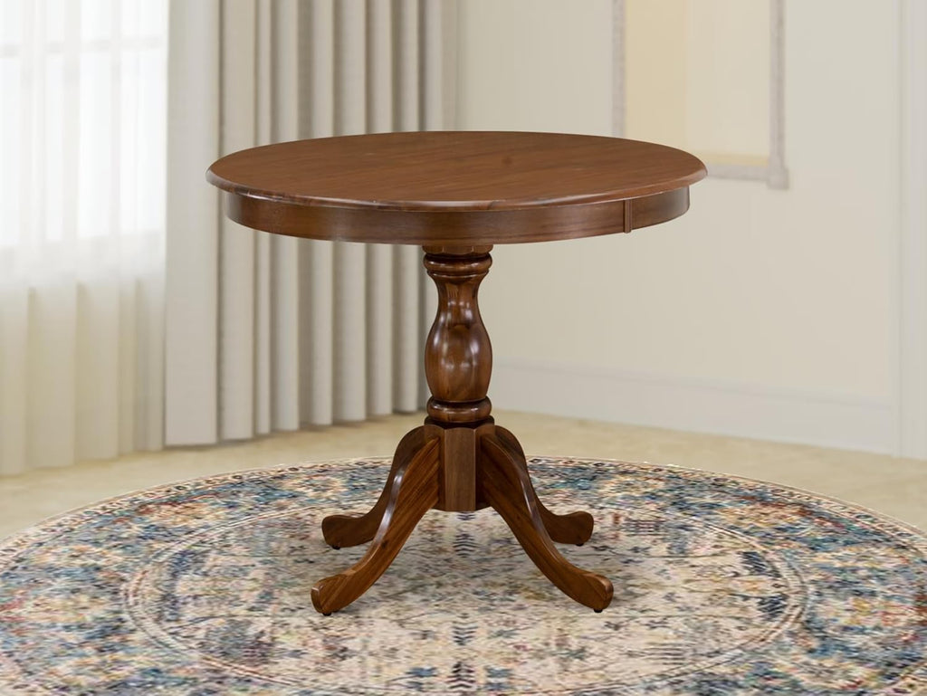 East West Furniture AMT-AWA-TP Antique Kitchen Table - a Round Dining Table Top with Pedestal Base, 36x36 Inch, Walnut