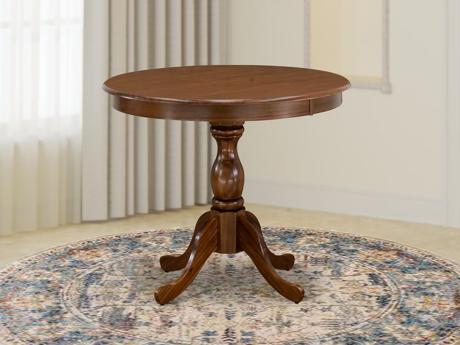East West Furniture AMT-AWA-TP Antique Kitchen Table - a Round Dining Table Top with Pedestal Base, 36x36 Inch, Walnut