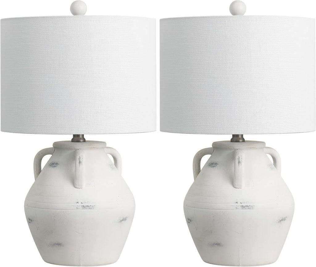 JONATHAN Y 20.5' White Ceramic Pottery Jar Table Lamp Set of 2 for Bedroom Living Room, Rustic Coastal French Country Cottage Style, White Linen Shade, LED Bulbs Included JYL5502A-SET2