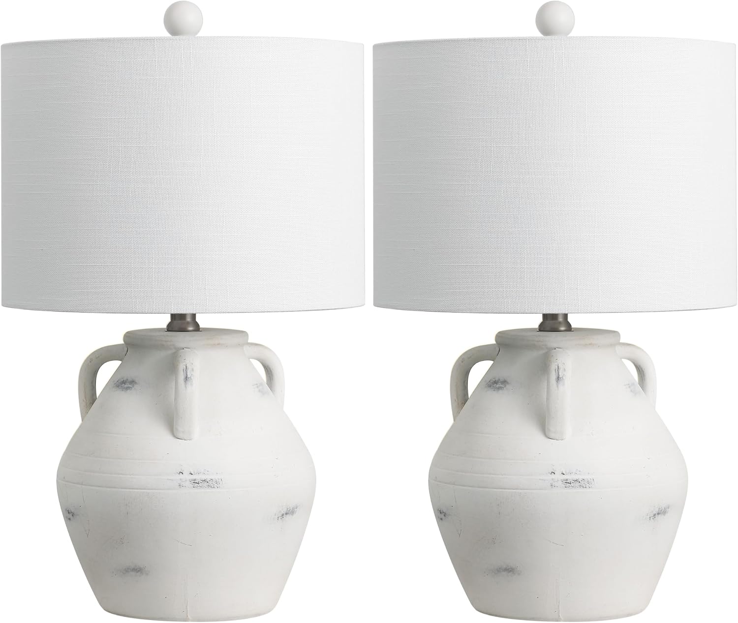 JONATHAN Y 20.5' White Ceramic Pottery Jar Table Lamp Set of 2 for Bedroom Living Room, Rustic Coastal French Country Cottage Style, White Linen Shade, LED Bulbs Included JYL5502A-SET2