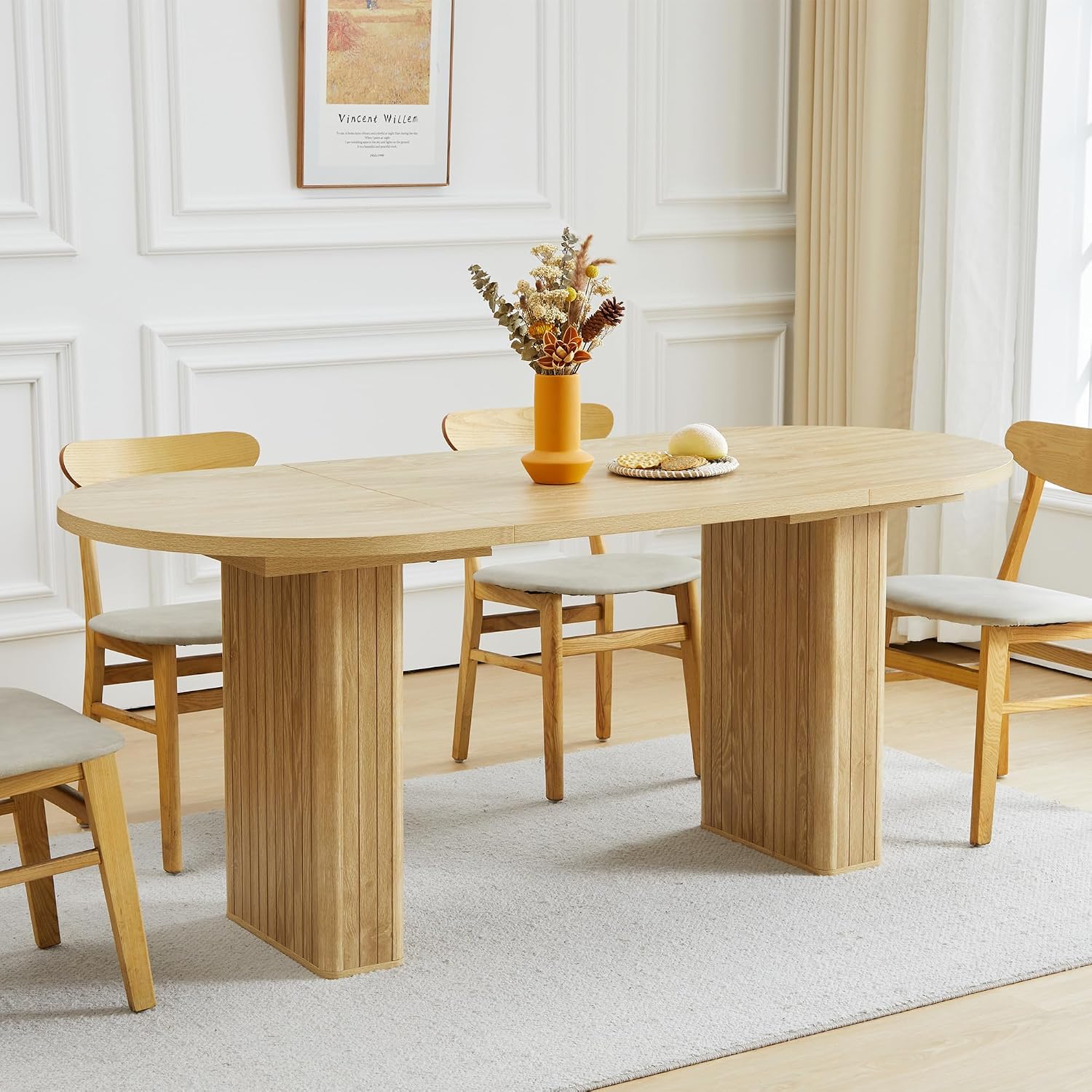 70.8 Inch Kitchen Dining Table for 4-6 People, Oval Kitchen Table with Wood Strip Base, Modern Farmhouse Large Round Dining Room Tables for Living Room (Natural)