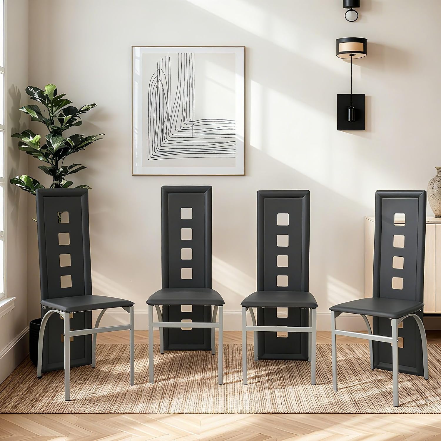 Karl home Modern Hollow Dining Chair Set of 4, Black Dining Chairs with PVC Backrest & Leather Cushion, Dining Chair for Kitchen & Dining Room, 300lbs Weight Capacity