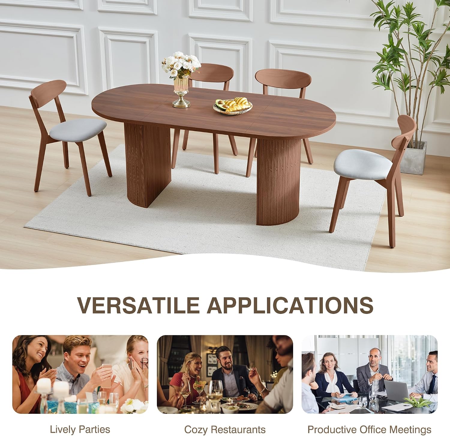 70.8 Inch Dining Table for 4-6 People, Oval Kitchen Table with Semi-Cylindrical Legs Base, Modern Farmhouse Round Dinner Tables for Dining Room Kitchen Living Room (Walnut)