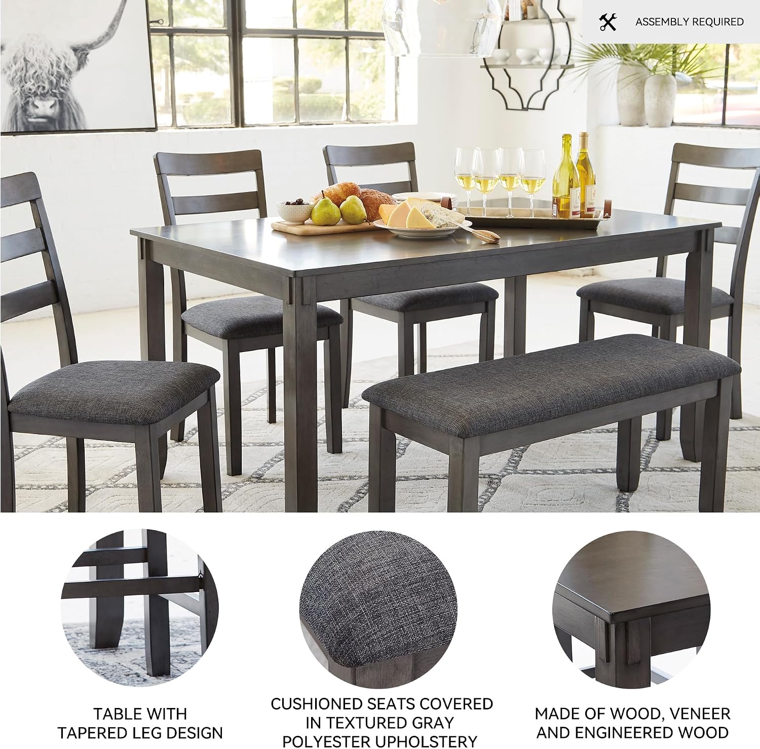 Signature Design by Ashley Bridson Dining Table Set For 6 With Bench, Wood 6‑Piece Kitchen Table And Chairs With Upholstered Seats, Transitional Charcoal Gray Dining Room Collection For Family Meals