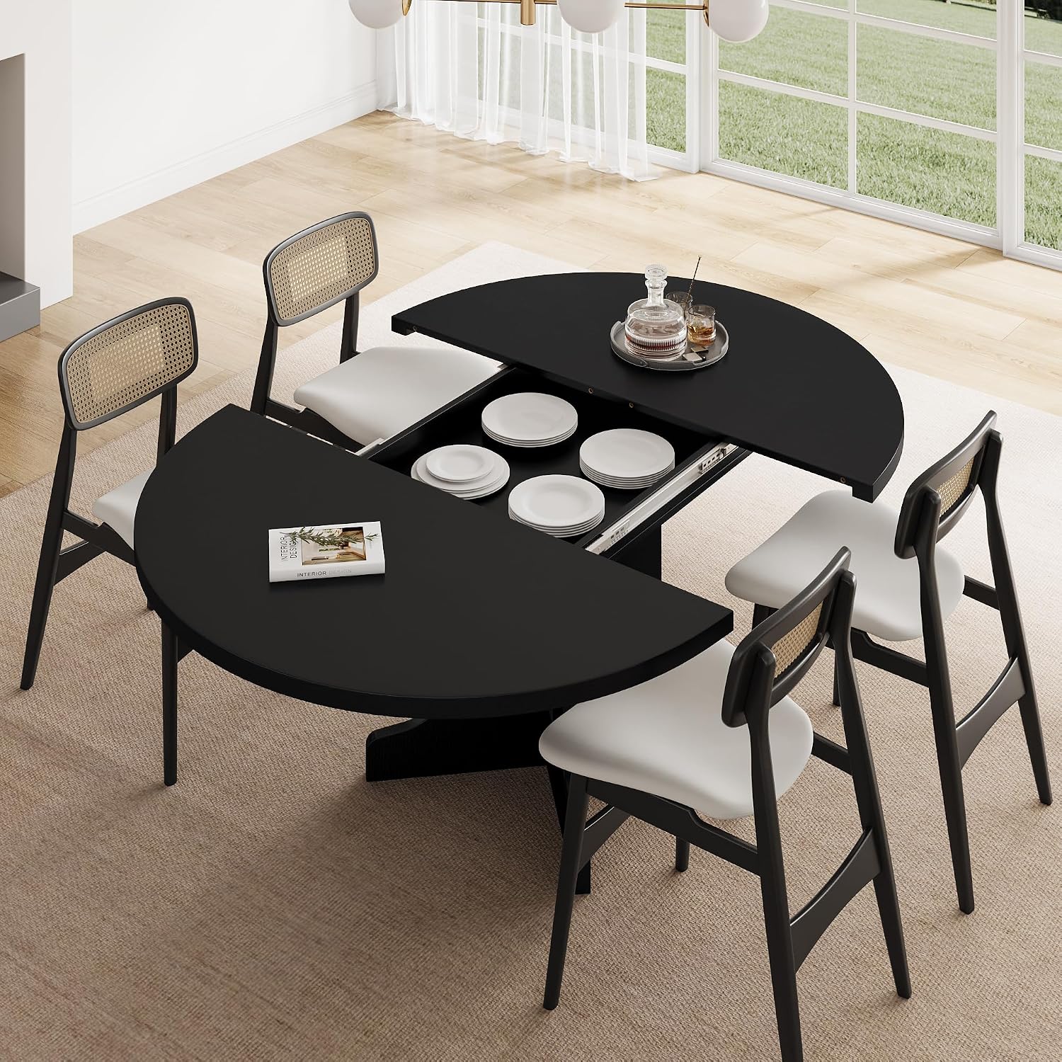 Feonase 59' Round Extendable Dining Room Table for 4-6, Modern Oval Kitchen Table with Heavy Duty Wood Base, Metal Frame Support, for Kitchen Dining Living Room, Easy Assembly, Black