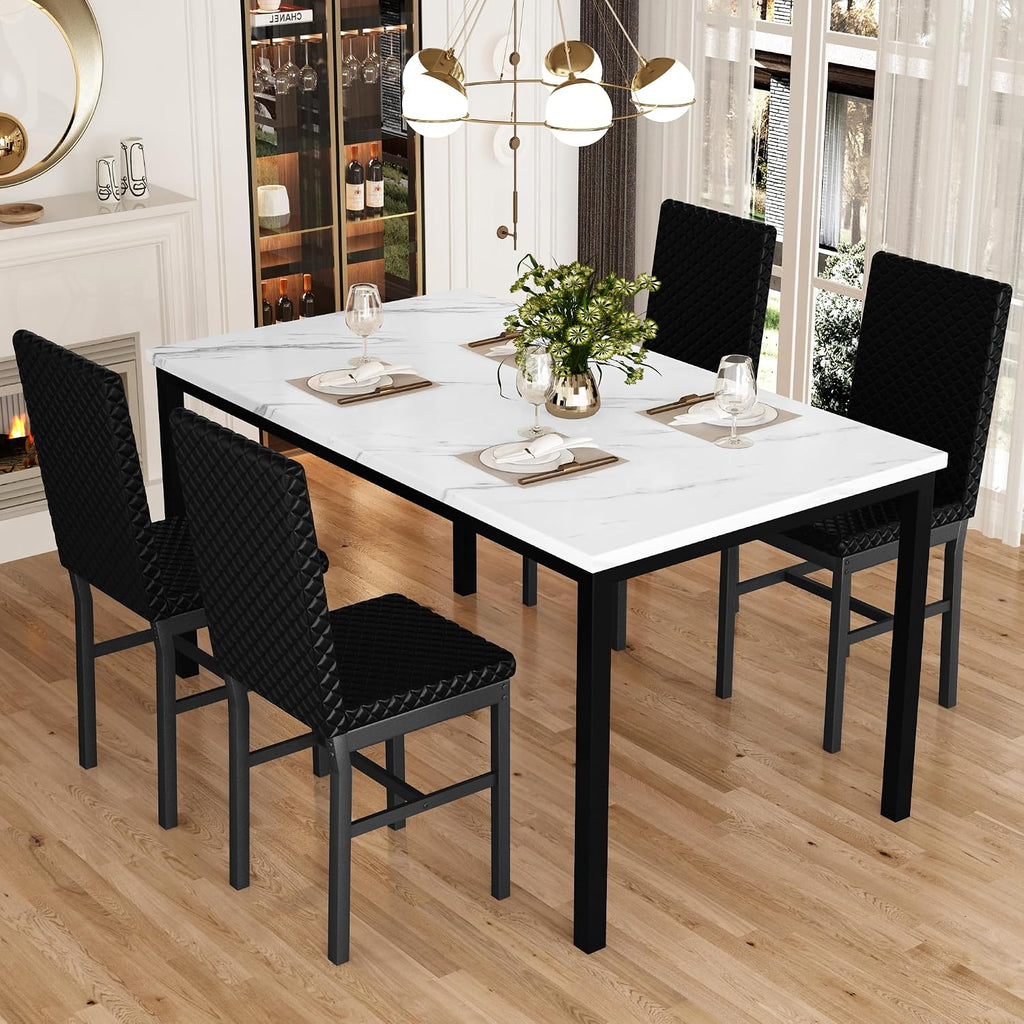 Hooseng Kitchen Table Set 5 Piece Dining Room Table Set Marble Dining Table 4 Chair Dining Table Set for Kitchen Living Room Breakfast Small Spaces (White & Black)