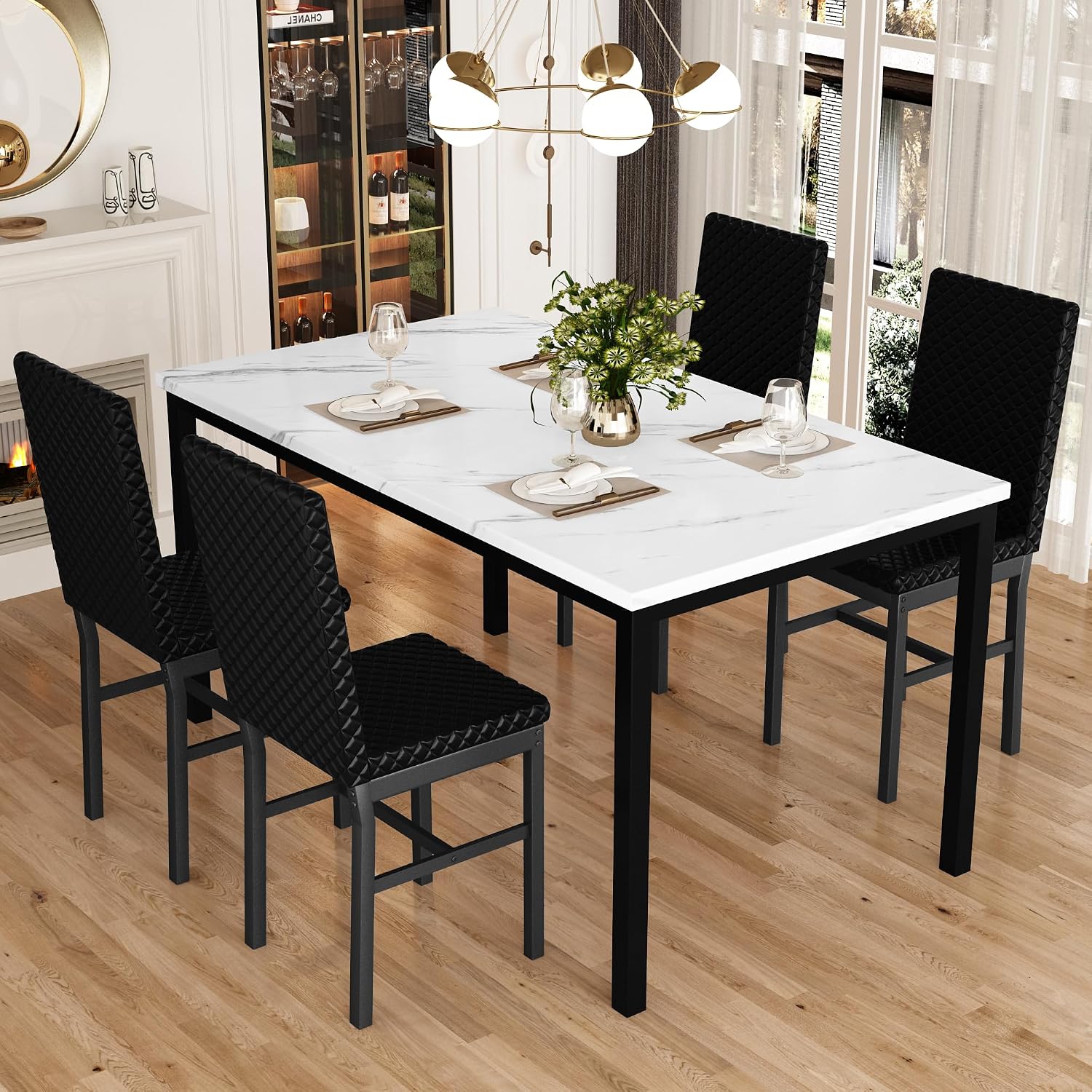 Hooseng Kitchen Table Set 5 Piece Dining Room Table Set Marble Dining Table 4 Chair Dining Table Set for Kitchen Living Room Breakfast Small Spaces (White & Black)