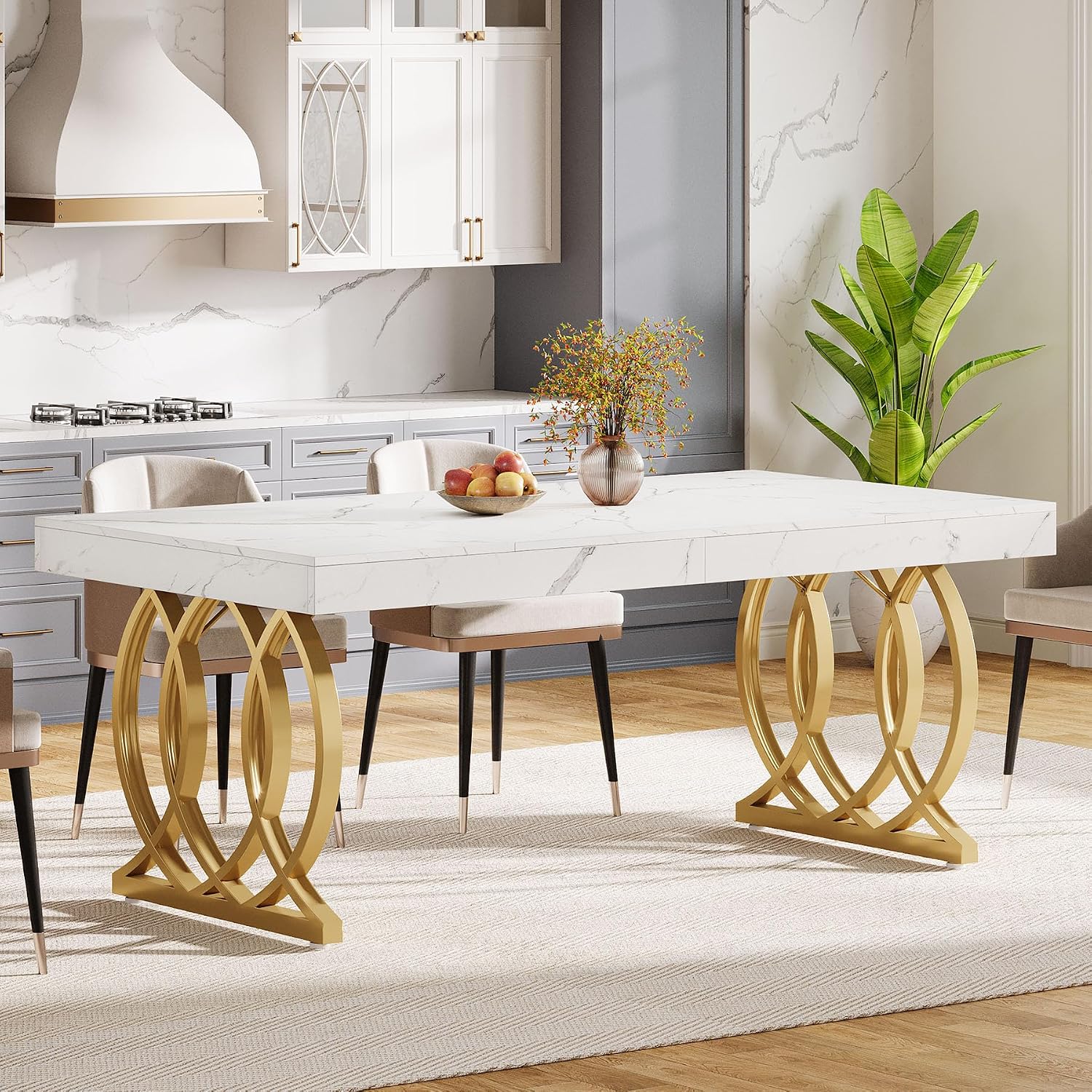 Tribesigns 63-Inch Dining Table for 4-6, Modern Kitchen Table with Faux Marble Tabletop and Geometric Legs, Rectangle Dining Room Furniture for Living Room, Kitchen, White and Gold