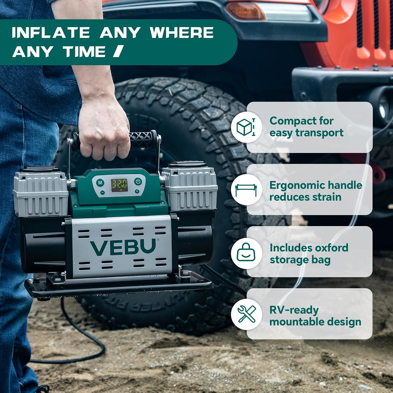 ‌Off-road Air Compressor 12V Tire Inflator, 150PSI with Auto Shut Off, Digital Display & Preset, 10.6CFM Fast Inflation for Off-road Vehicles, Trucks, SUVs, RVs, ATVs