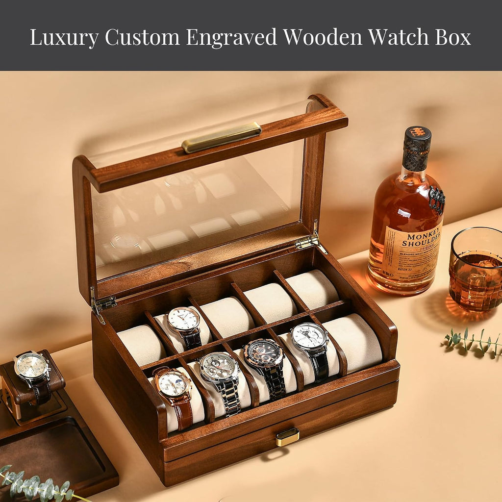 Shanik Wooden Watch Box with Drawer & Glass Lid – Acacia Wood Valet Tray Organizer for Men, Minimalist Nightstand Storage, Engraved Daily Watch Display Case, Personalized Gift for Him, Father's Day