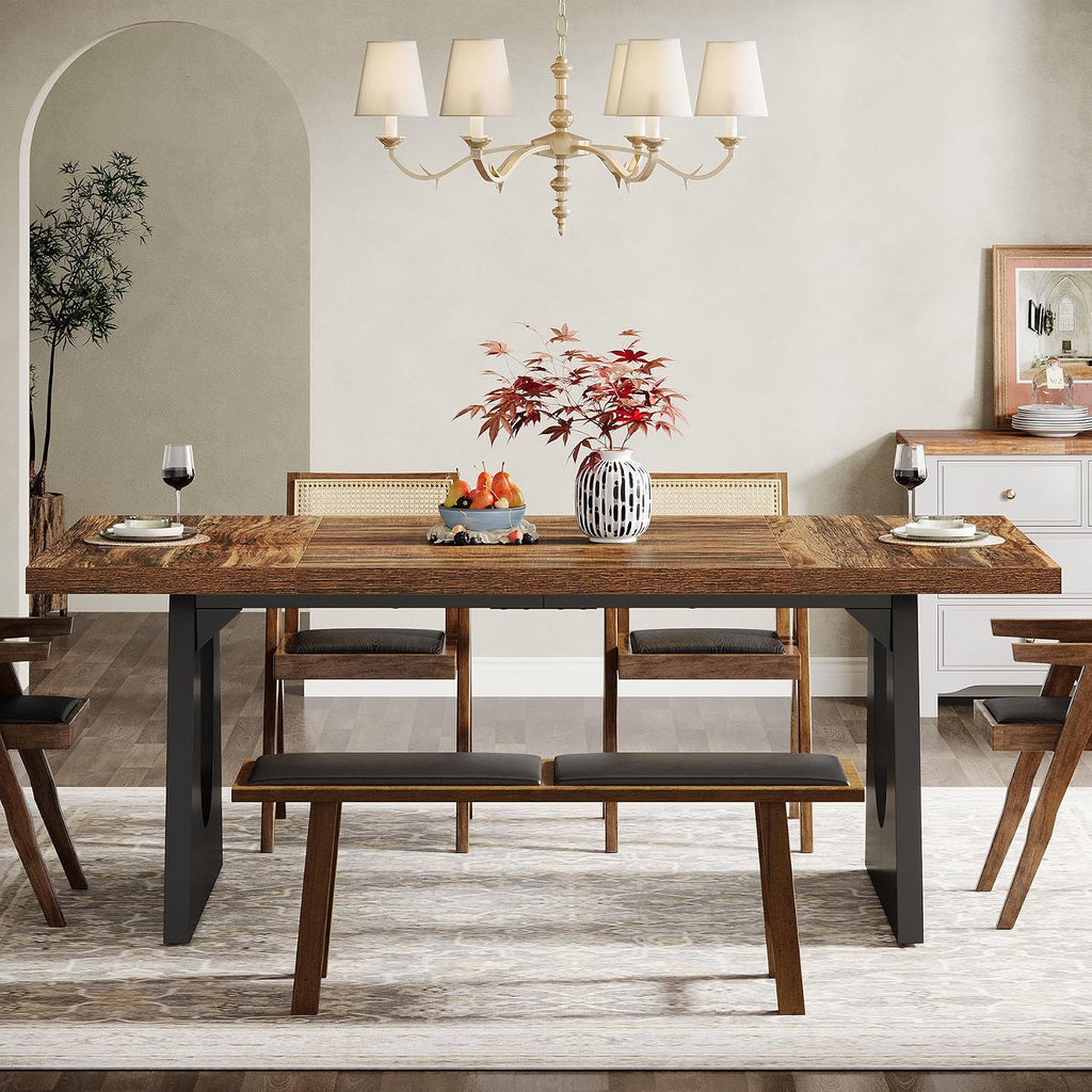 Tribesigns Large Dining Table for 6-8 People, 70.9-Inch Wood Rustic Rectangular Table with Black Wooden Legs, Farmhouse Center Kitchen Table for Dining Room, Living Room, Home Furniture (Dark Brown)