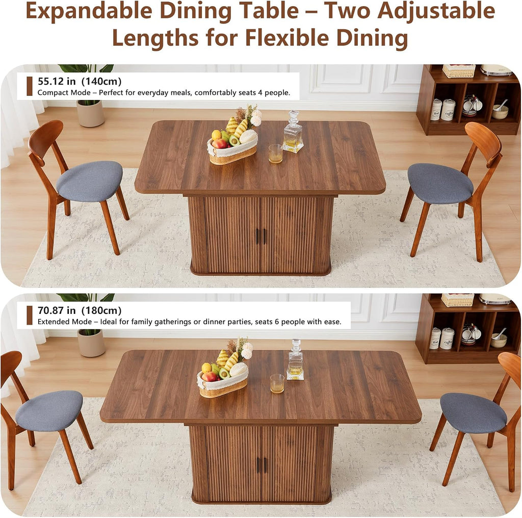 weselon 55'-71' Extendable Dining Table with Storage, Expandable Kitchen Table for 4-6, Space Saving Dining Room Table with Hidden Storage Cabinet, Adjustable Shelves & Fluted Base (Walnut)