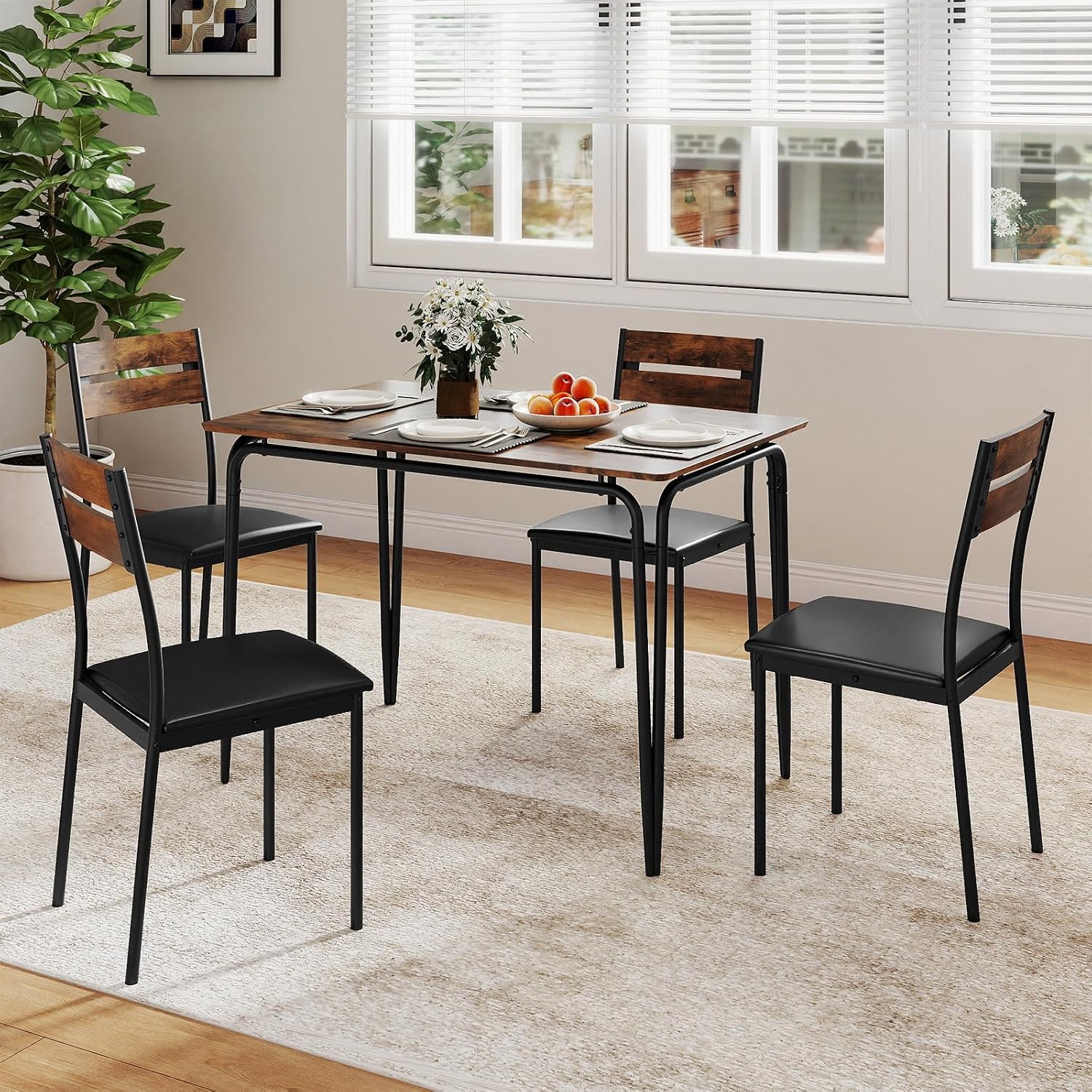 Giantex 5-Piece Dining Table Set for 4, 43-Inches Rectangular Kitchen Table & 4 Armless Chairs with Upholstered Seat, Metal Frame, Space-Saving Dinette Set for Living Room (Rustic Brown+Black)