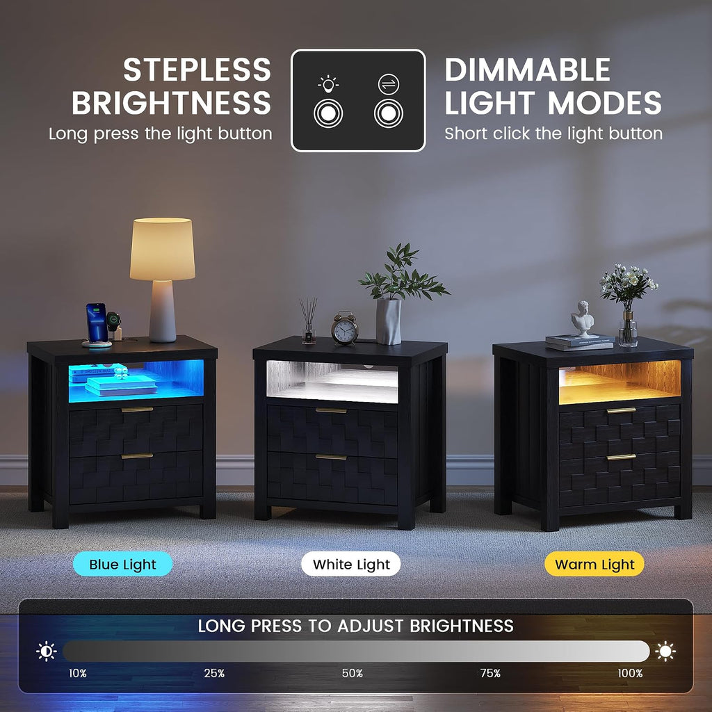 Dystler Nightstand with Charging Station, 25.6' Wide Bedside Table with 2 Drawers, Smart Side Table with 3-Color LED Lights and Adjustable Lighting for Bedroom, Black