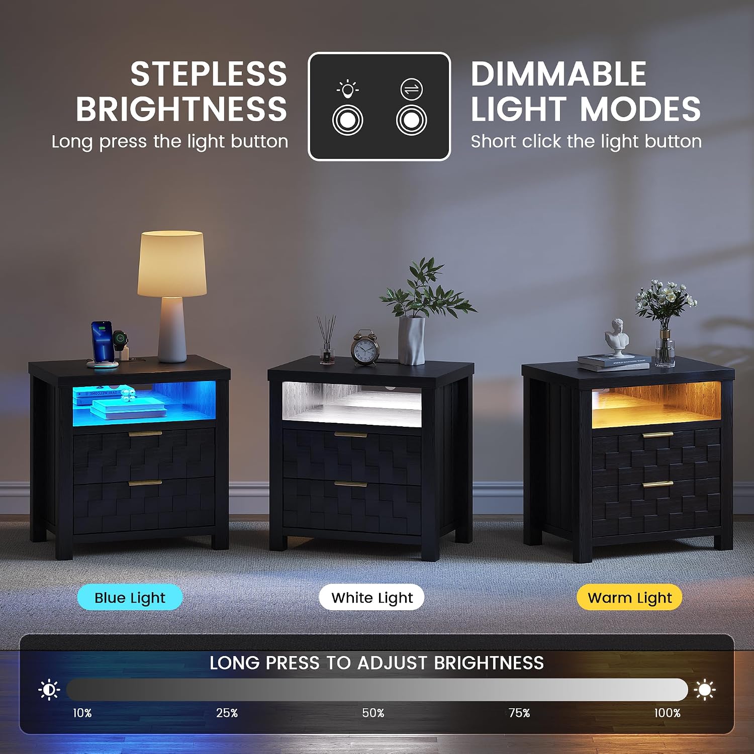 Dystler Nightstand with Charging Station, 25.6' Wide Bedside Table with 2 Drawers, Smart Side Table with 3-Color LED Lights and Adjustable Lighting for Bedroom, Black