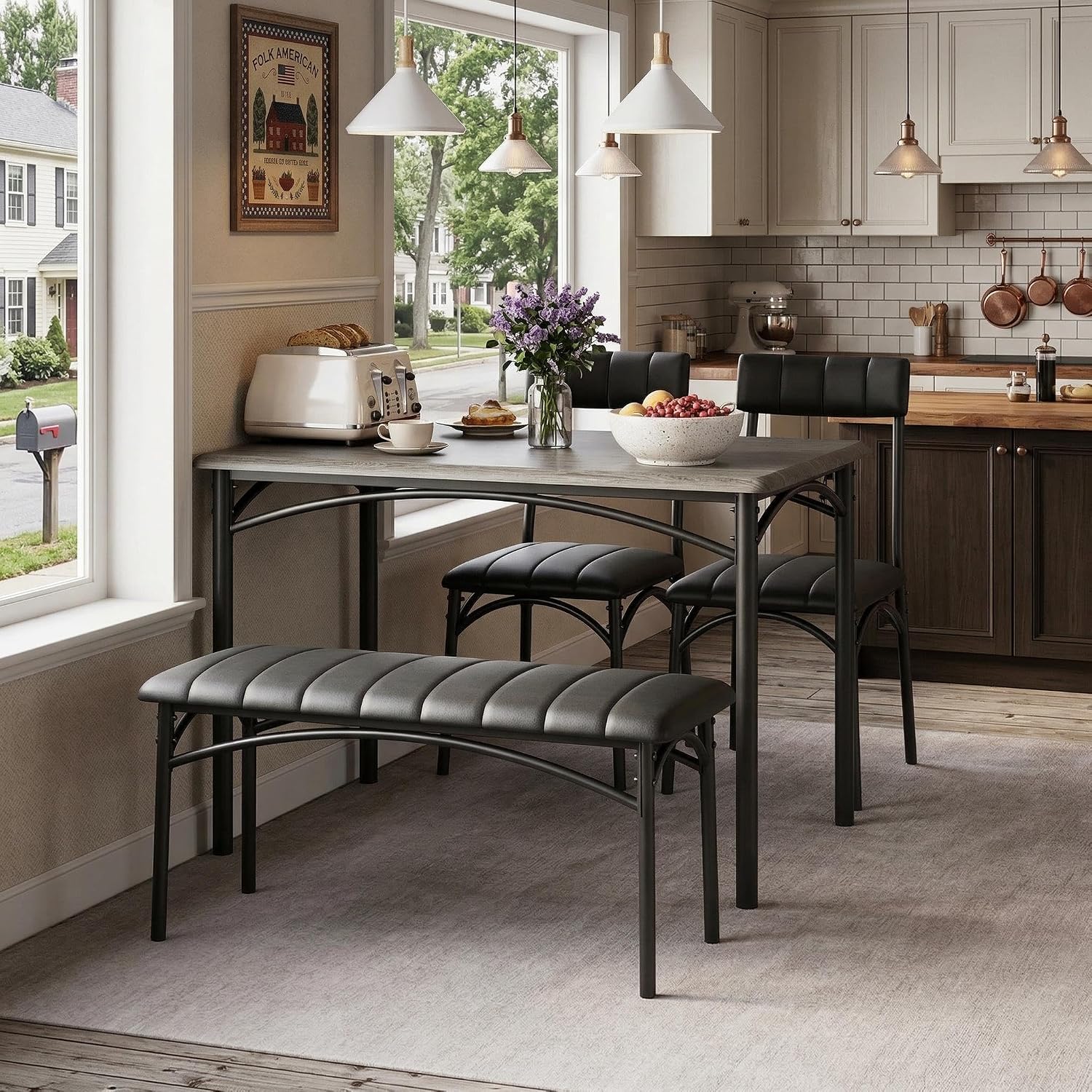 IDEALHOUSE Dining Table Set for 4, Kitchen Table with Chairs for 4, Rectangular Wood Dining Room Table Set with Upholstered Bench for Small Space, Dinner, Apartment, Retro Gray