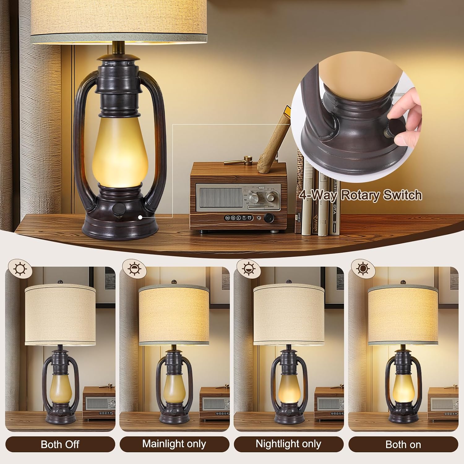 26'' Vintage Lantern Table Lamps Set of 2, Retro Bedside Nightstand Lamp with Nightlight and Linen Shade, Rustic Desk Lamp with USB A+C Ports, Farmhouse Table Lamps for Living Room Bedroom Study room