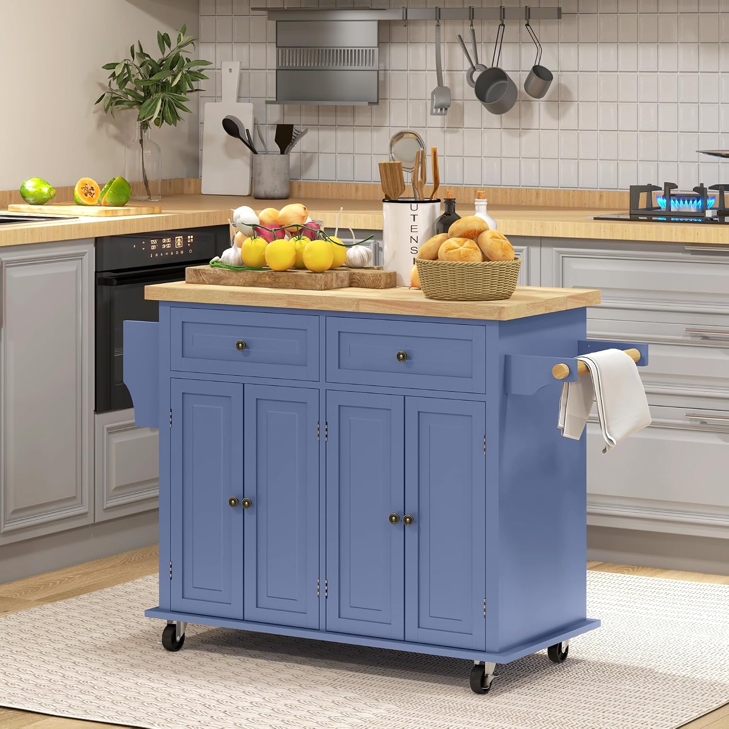 HOMCOM Kitchen Island Cart with Solid Wood Top, 44' Mobile Kitchen Island Table on Wheels with Storage Cabinets, 2 Drawers, Adjustable Shelves, Spice Rack & Towel Bar for Dining Room, Navy Blue