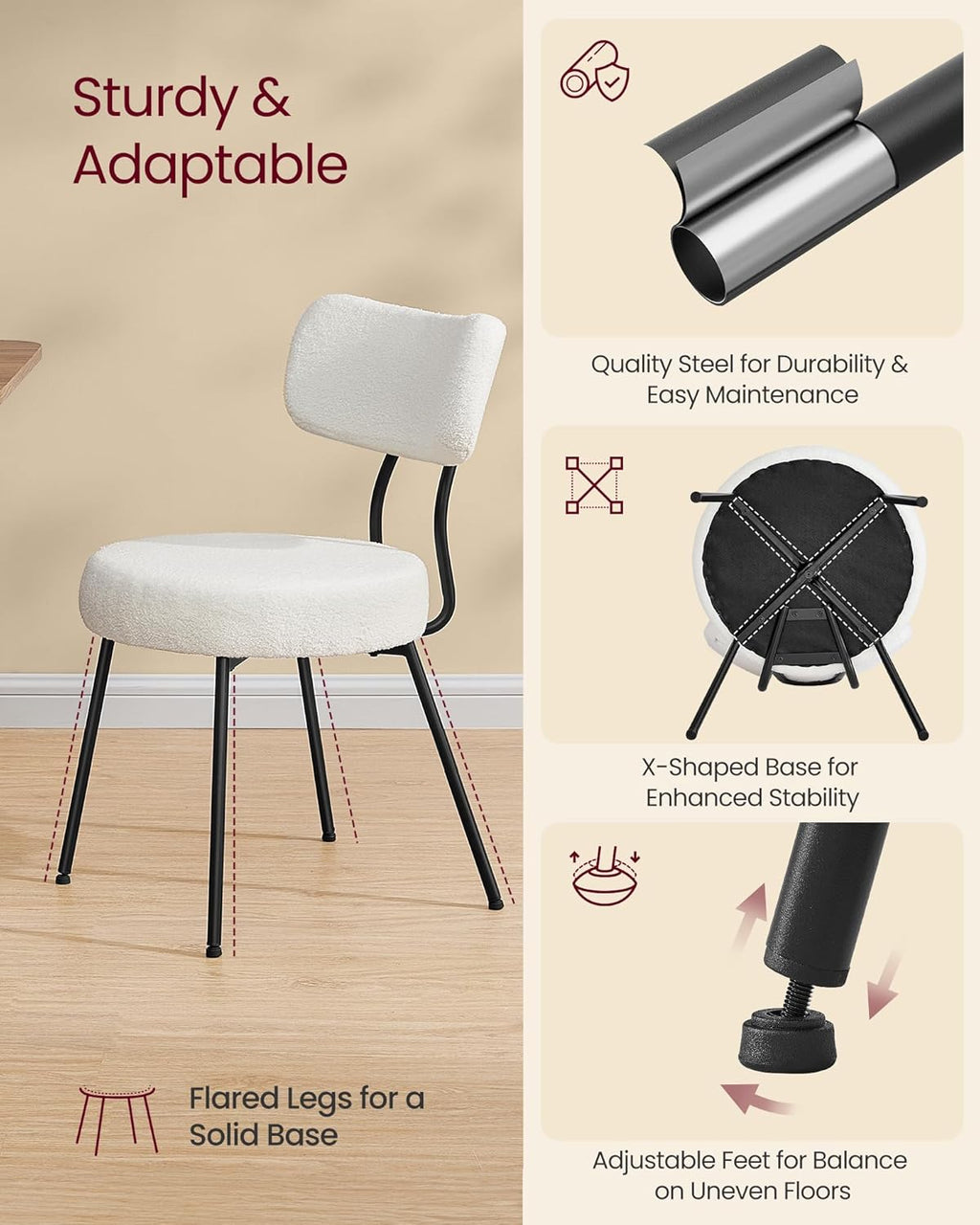 VASAGLE Dining Table Set, Round Dining Table with 2 Upholstered Kitchen Chairs, for Small Spaces, Kitchen, Living Room, Steel Frame, Modern Style, Snow White and Cream White UZH2507008