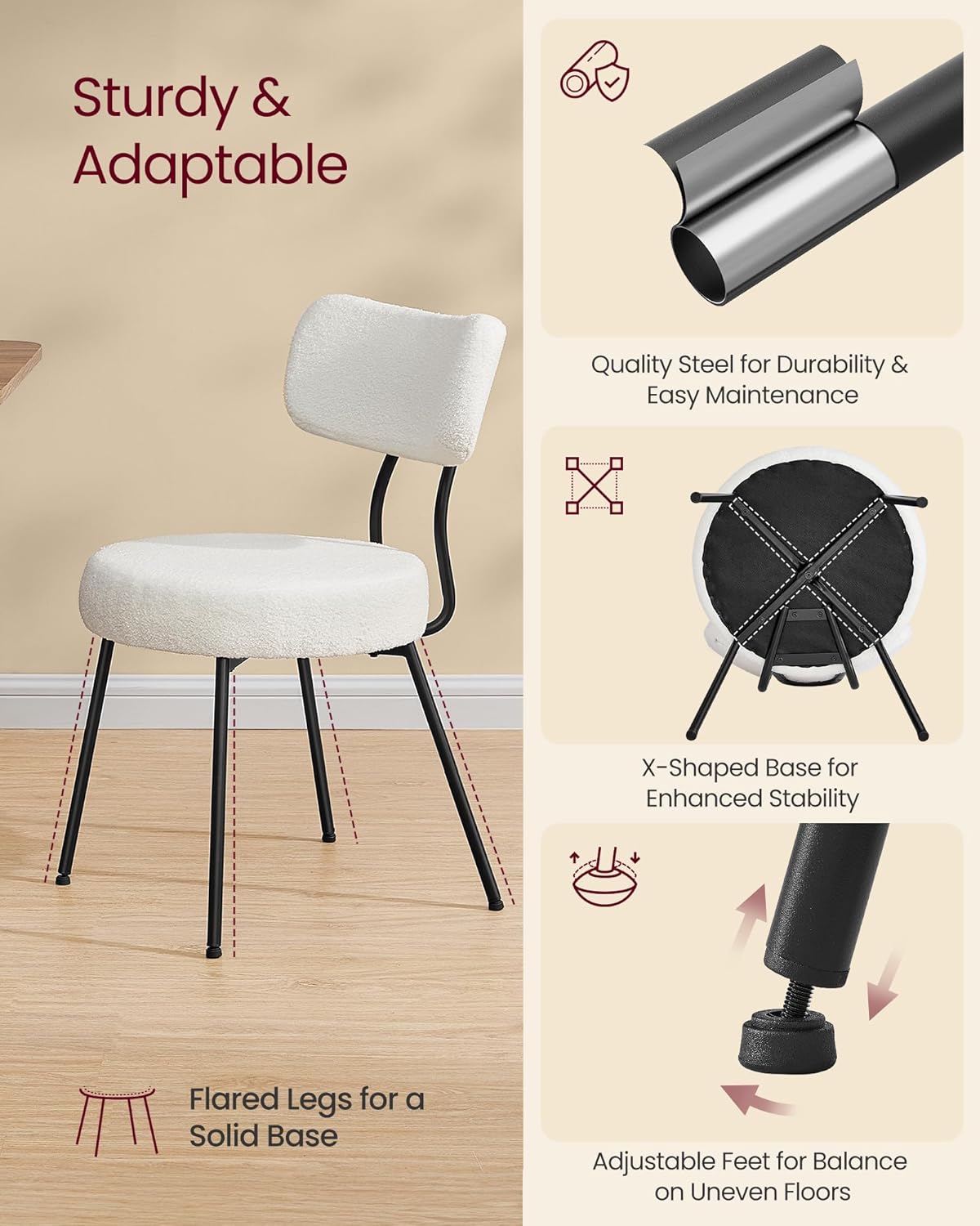 VASAGLE Dining Table Set, Round Dining Table with 2 Upholstered Kitchen Chairs, for Small Spaces, Kitchen, Living Room, Steel Frame, Modern Style, Snow White and Cream White UZH2507008