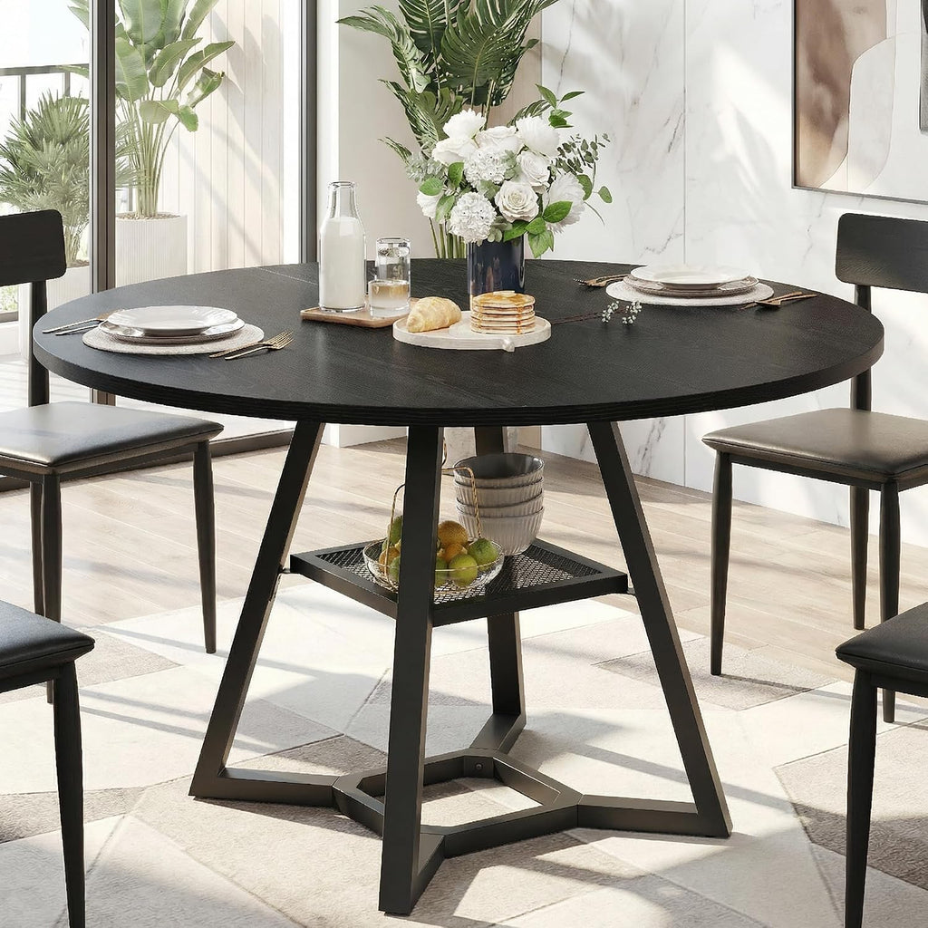 knoworld Round Dining Table for 4-6 with Storage Shelf, Kitchen & Dining Room Circle Pedestal Table, Heavy Duty Metal Frame & Wood Top
