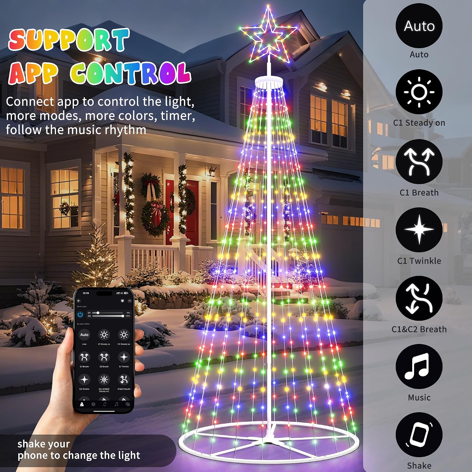 12FT Outdoor Christmas Tree Prelit - LED Outside Christmas Tree Lights with Star, Music Sync, App & Remote Control, Timer, Smart Christmas Lighting Decoration for Garden & Yard Party