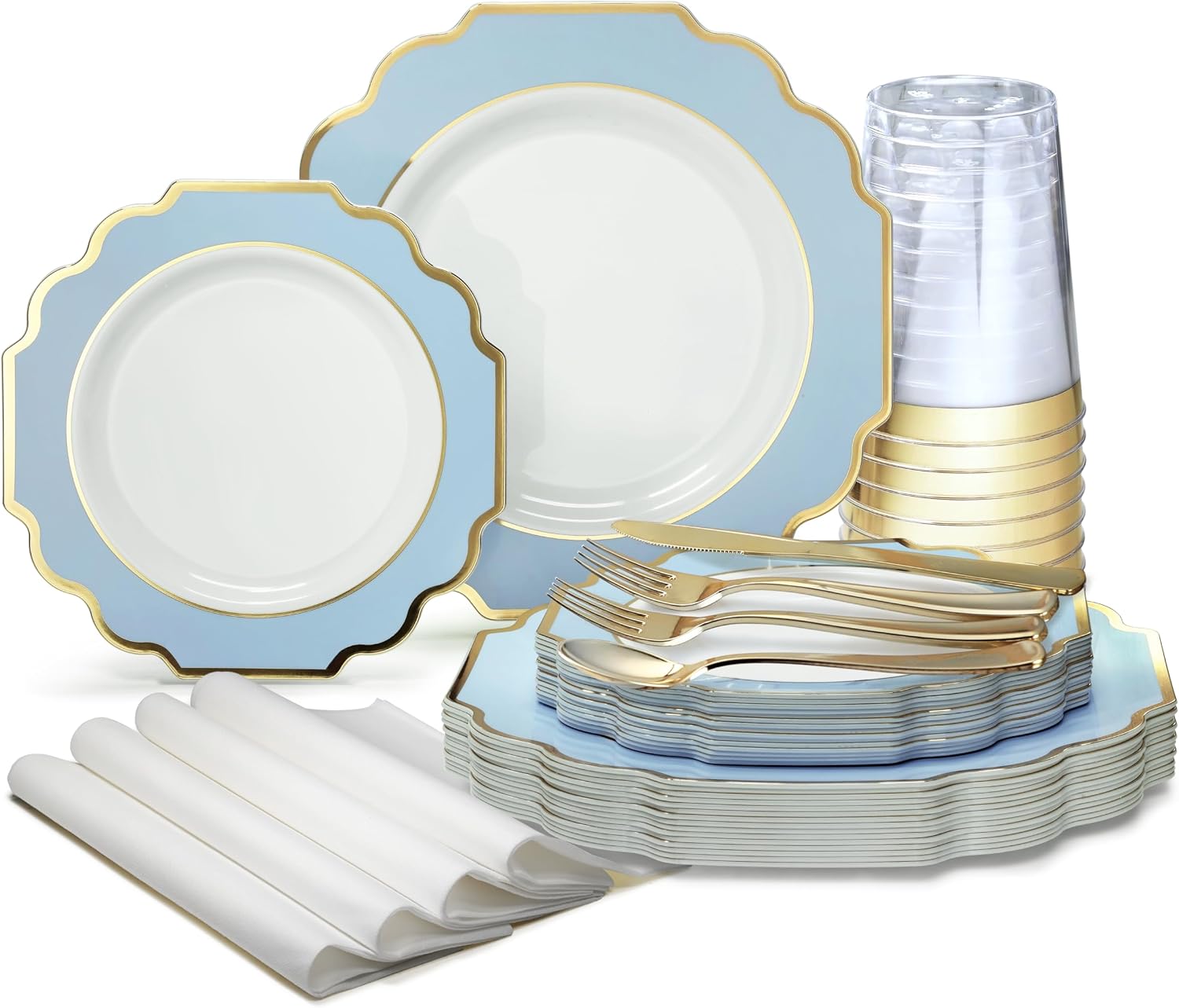 ' OCCASIONS ' 640 Piece set (80 Guests)-Heavyweight Wedding Party Disposable Plastic Plate Set - 80 x 10.5'' + 80 x 8'' + Silverware + Cups + Napkins (Imperial in White & Blue & Gold)