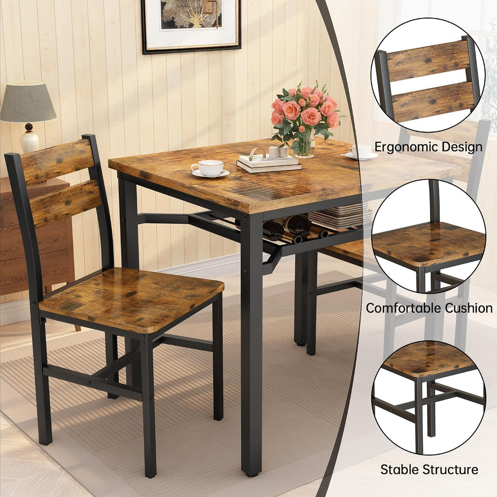 Hooseng 3 Piece Dining Table Set for 2, Small Wooden Kitchen Table with Storage, Farmhouse Square Dinette Set for Dining Room, Breakfast Nook, Apartment, Small Space