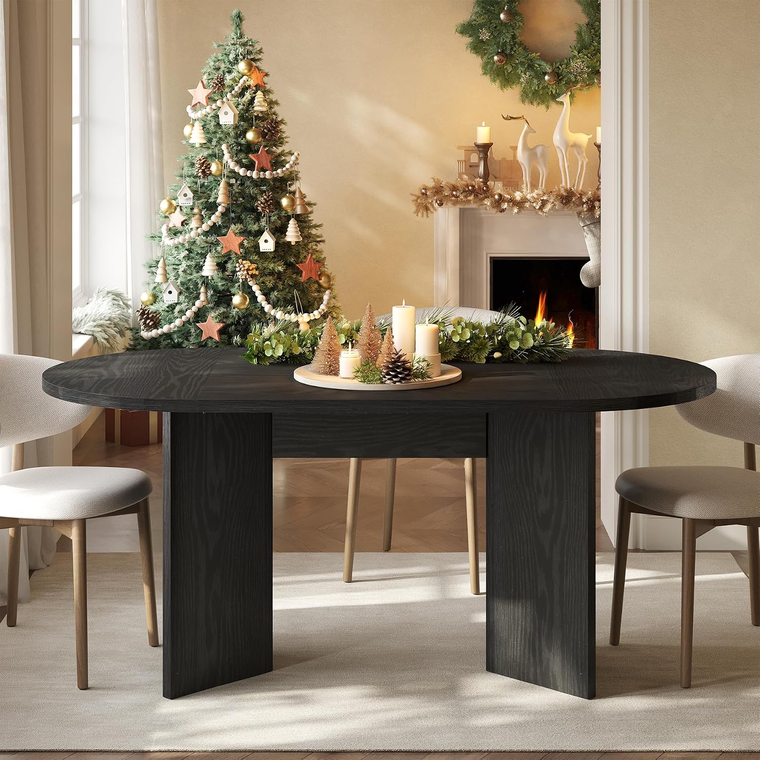 LITTLE TREE 63' Rustic Oval Dining Table for 4-6, Sturdy MDF Farmhouse Kitchen Table with Metal Strip Base, for Living Room, Office, Restaurant, Multi-Use, Black