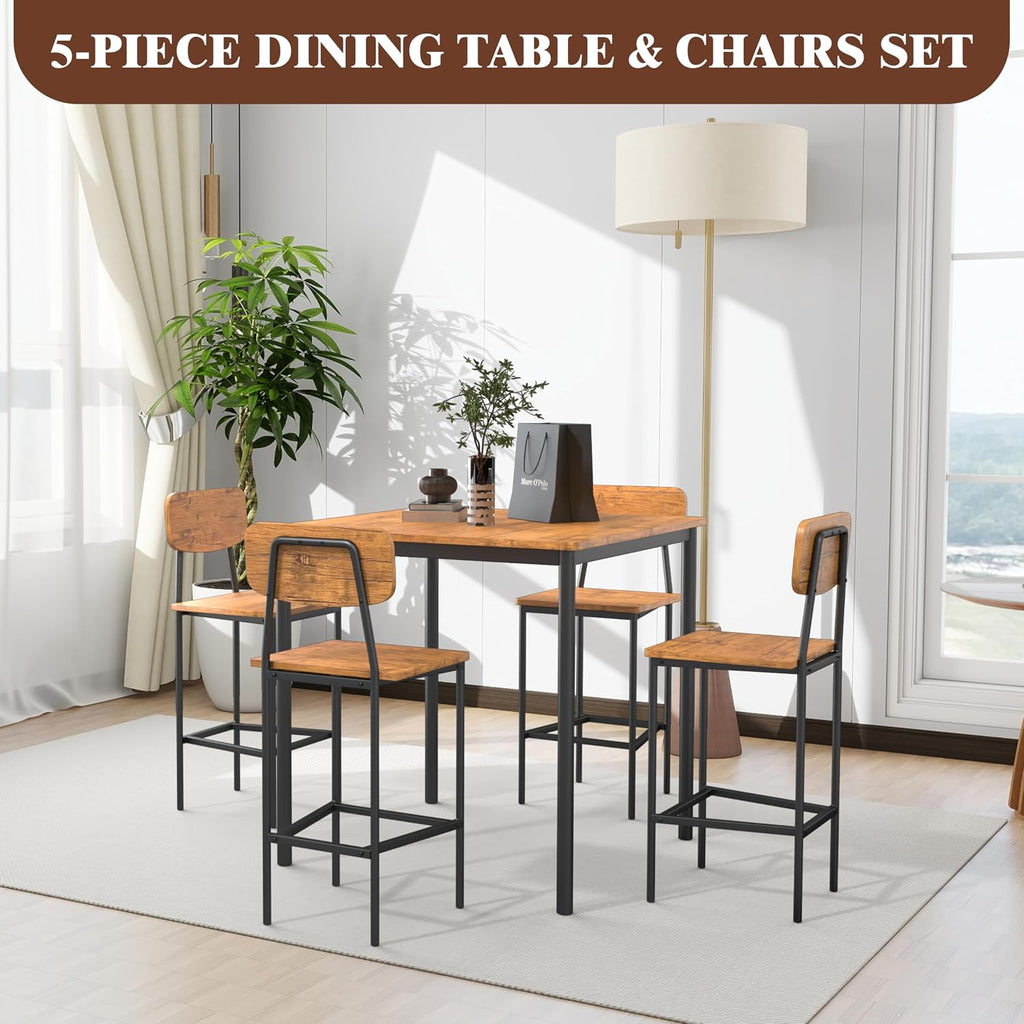 Kitchen Table and Chairs of 4, 5 Piece Dining Table Set, Sturdy Industrial Space Saving Dinette Set for Pub, Family Dinners, Apartment, Brown