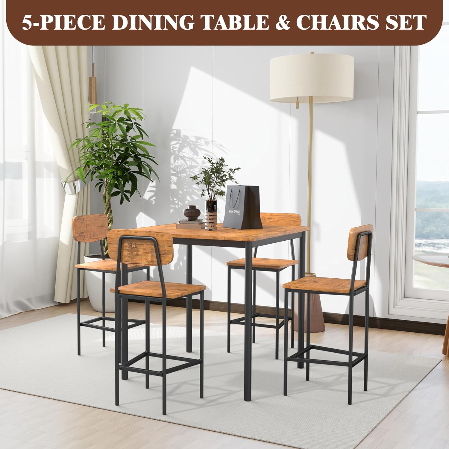 Kitchen Table and Chairs of 4, 5 Piece Dining Table Set, Sturdy Industrial Space Saving Dinette Set for Pub, Family Dinners, Apartment, Brown