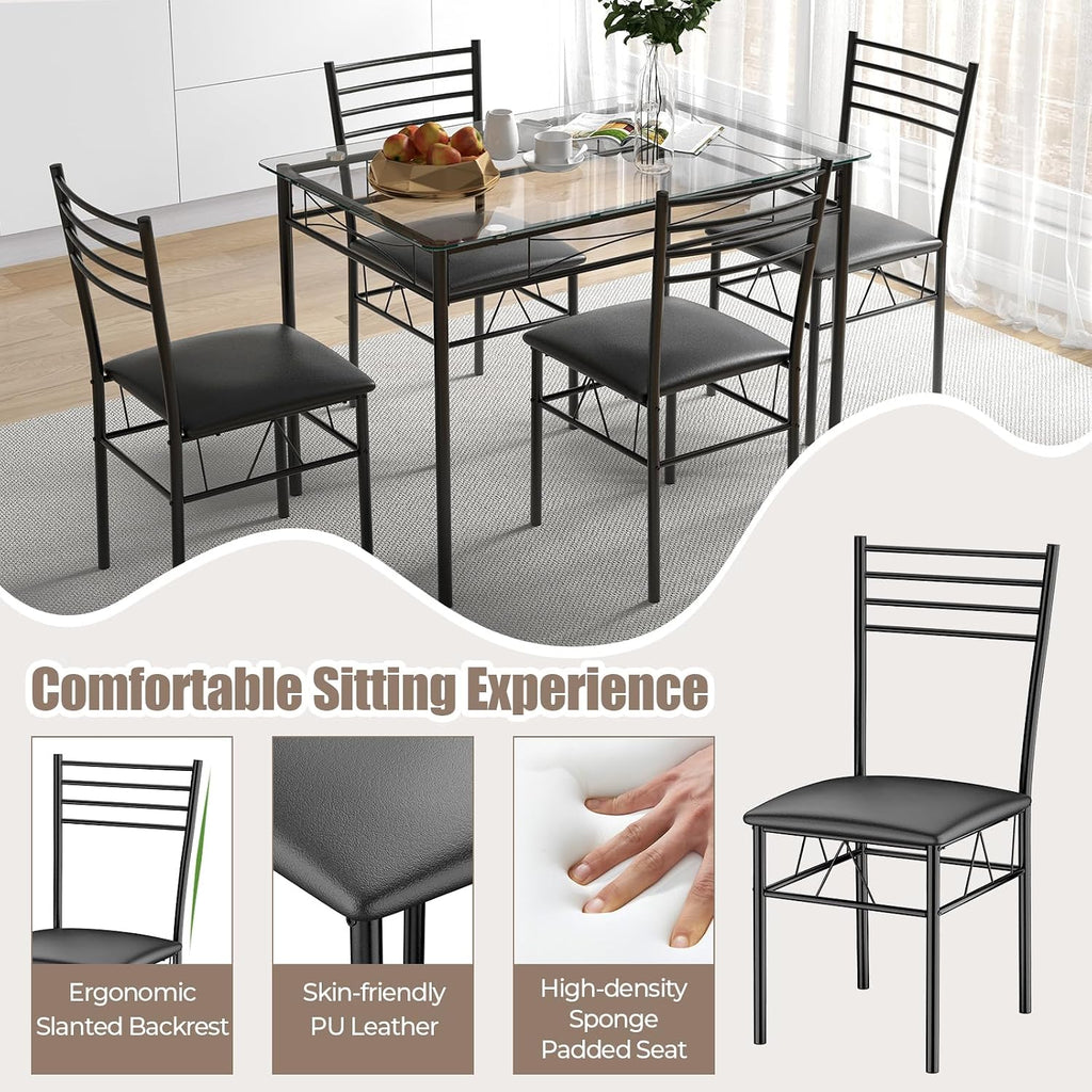 Giantex 5 Piece Dining Table Set, Kitchen Dining Set with Tempered Glass Table Top and 4 Upholstered Chairs, Dinette Set for 4 for Breakfast Nook Dining Room Kitchen (Black)